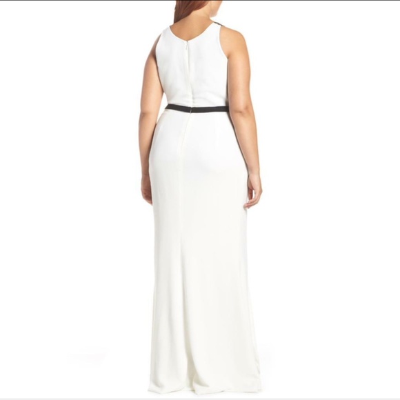 NEW DRESS THE POPULATION Off White & Black LANA Plunge Neck MERMAID Slit GOWN XL - Picture 16 of 16